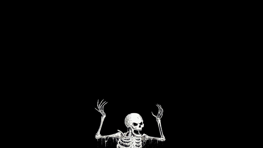 Minimalist Skeleton Rising from Darkness 4K Desktop Wallpaper