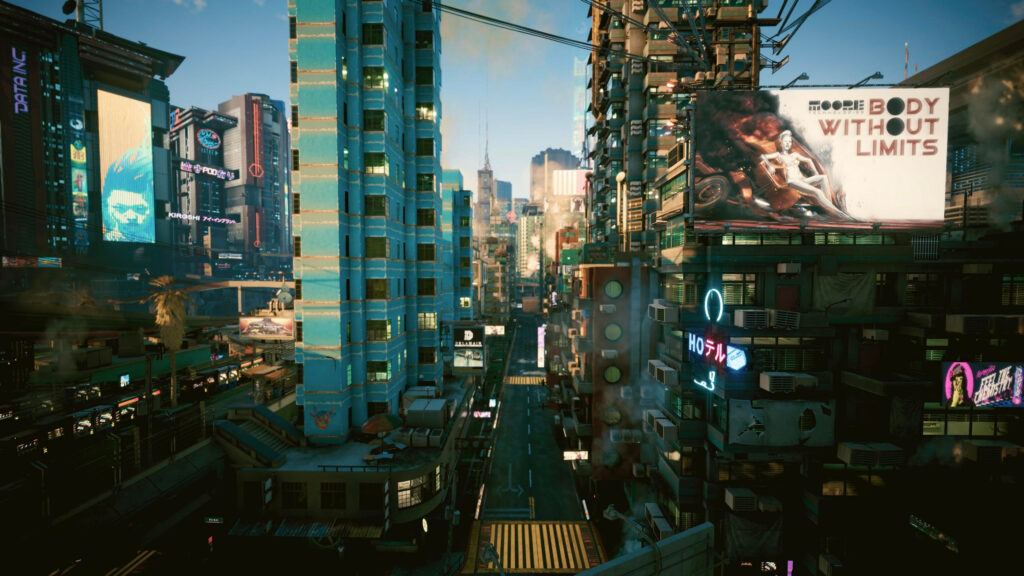 Cyberpunk City Street with Futuristic Skyscrapers and Neon Lights 4K Wallpaper