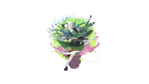 Anime Girl Samurai with Katana in Floral Nature Aesthetic Desktop Wallpaper
