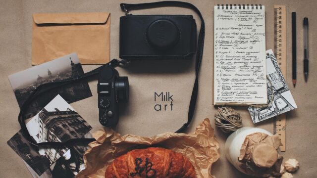Creative Flatlay Photography with Leica Camera and Coffee Shop Vibes 4K Wallpaper