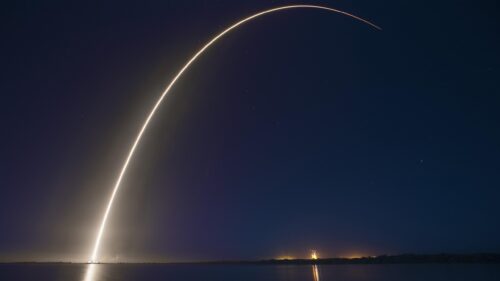 Stunning Rocket Launch Streak at Night Sky 4K Desktop Wallpaper