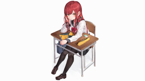 Anime Girl Sitting at School Desk Red Hair Aesthetic 4K Desktop Wallpaper