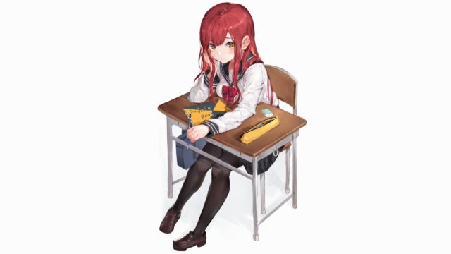 Anime Girl Sitting at School Desk Red Hair Aesthetic 4K Desktop Wallpaper