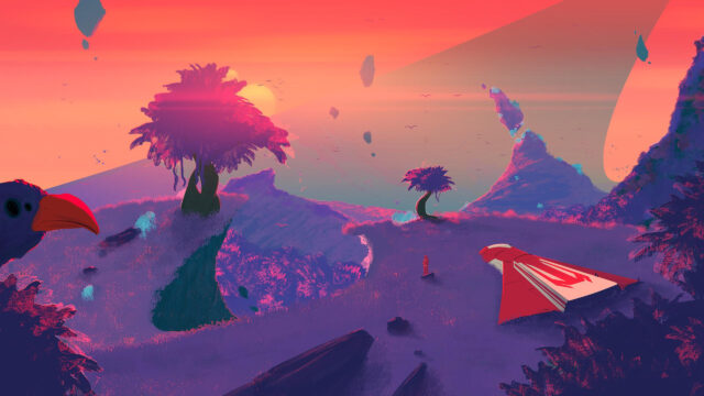 Surreal Alien Planet Landscape with Spaceship and Floating Rocks Desktop Wallpaper