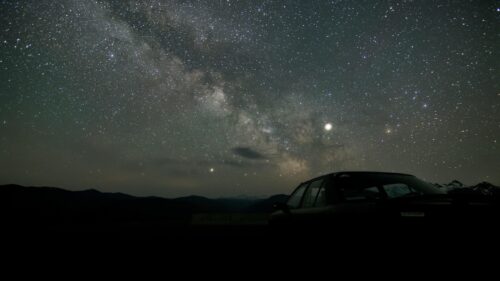 Stunning Milky Way Galaxy Over Mountain Silhouette with Sedan Desktop Wallpaper