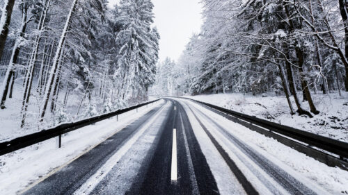 Winter Forest Road Landscape Scenic Mountain Drive 4K Desktop Wallpaper
