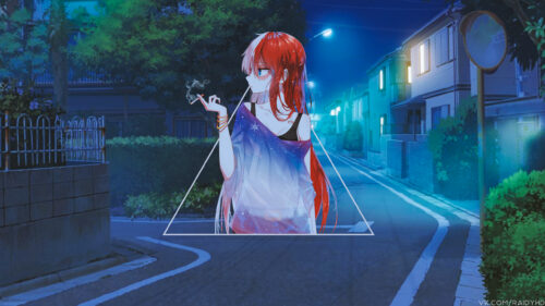 Anime Girl with Red and White Hair Smoking in a Dreamy Night Cityscape 4K Desktop Wallpaper