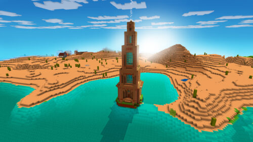 Minecraft Desert Tower Oasis Landscape 4K PC Wallpaper
