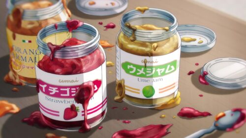 Anime Style Strawberry and Ume Jam Jars Aesthetic 4K Desktop Wallpaper