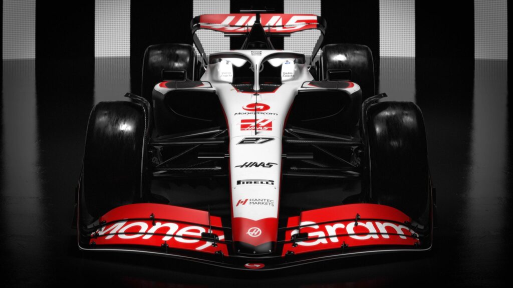 Front View Haas F1 Racing Car Red and White Minimalist PC Wallpaper