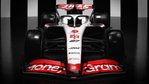 Front View Haas F1 Racing Car Red and White Minimalist PC Wallpaper