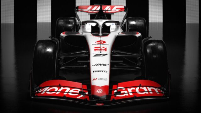 Front View Haas F1 Racing Car Red and White Minimalist PC Wallpaper