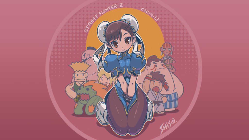 Chun-Li and Street Fighter II Characters Cute Art Style Desktop Wallpaper