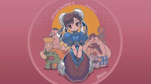 Chun-Li and Street Fighter II Characters Cute Art Style Desktop Wallpaper