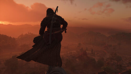 Assassin Standing Over Feudal Japan Village at Sunset 4K Wallpaper