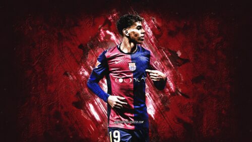 Lamine Yamal FC Barcelona Dynamic Red Abstract 4K Desktop Wallpaper
