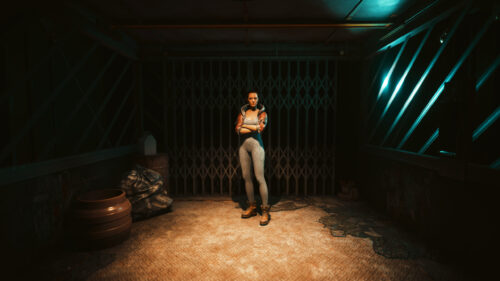 Cyberpunk Woman Standing in Industrial Alleyway 4K Desktop Wallpaper