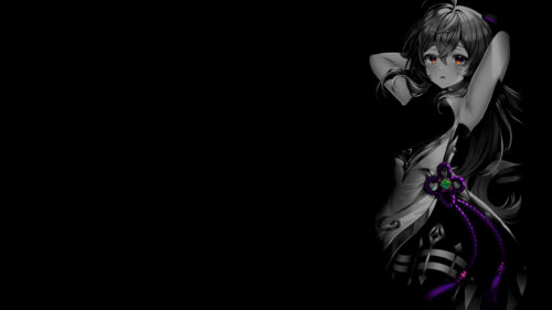 Anime Girl with Purple Knot Ornament Dark Aesthetic Desktop Wallpaper