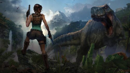 Lara Croft Facing a T-Rex in a Lush Jungle 4K Desktop Wallpaper