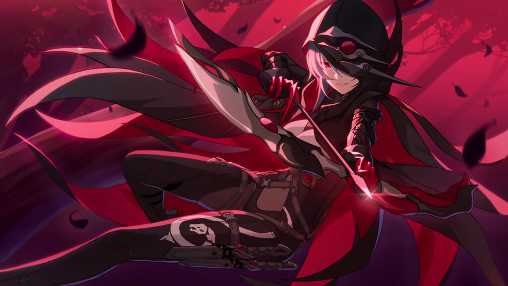 Anime Archer Girl in Red Hood Action Pose Desktop Wallpaper
