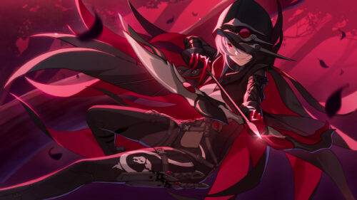 Anime Archer Girl in Red Hood Action Pose Desktop Wallpaper