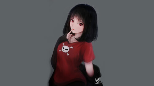 Anime Girl With Red Eyes and Skull Shirt Aesthetic 4K Wallpaper
