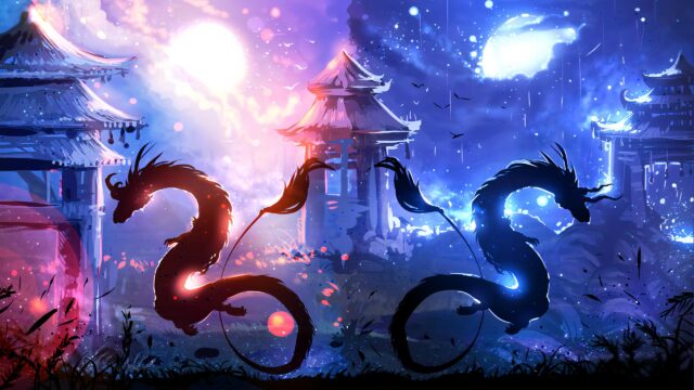 Dual Dragon Yin and Yang Celestial Landscape 4K Desktop Wallpaper
