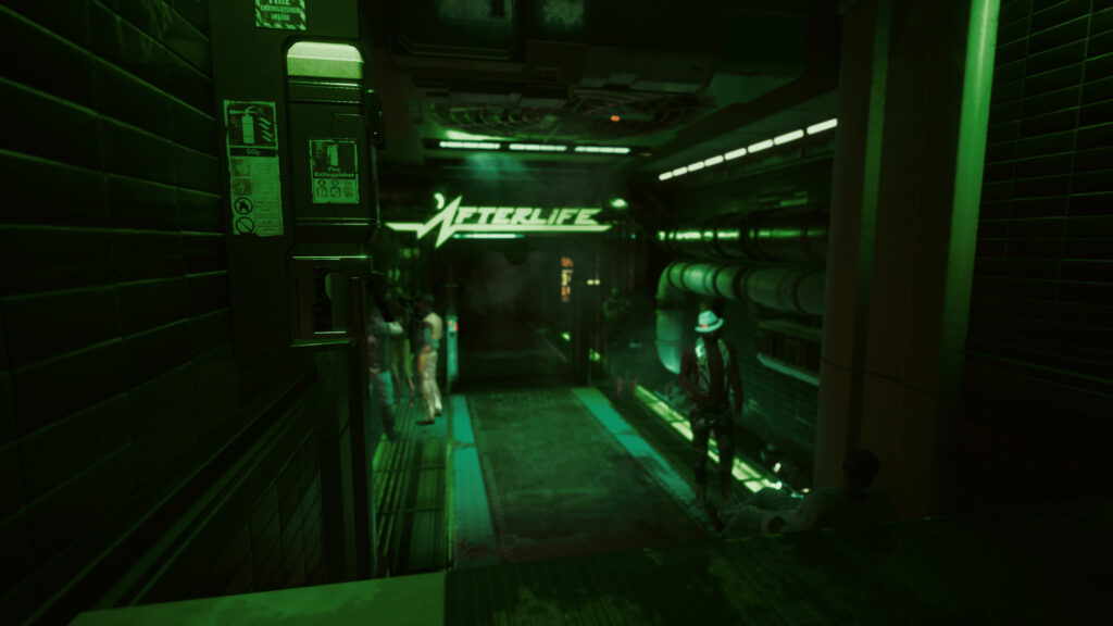 Cyberpunk Afterlife Bar Entrance in Night City 4K Desktop Wallpaper