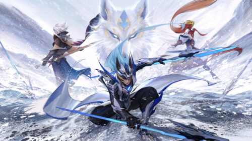 Epic Fantasy Warriors with Spirit Wolf Guardian 4K Desktop Wallpaper