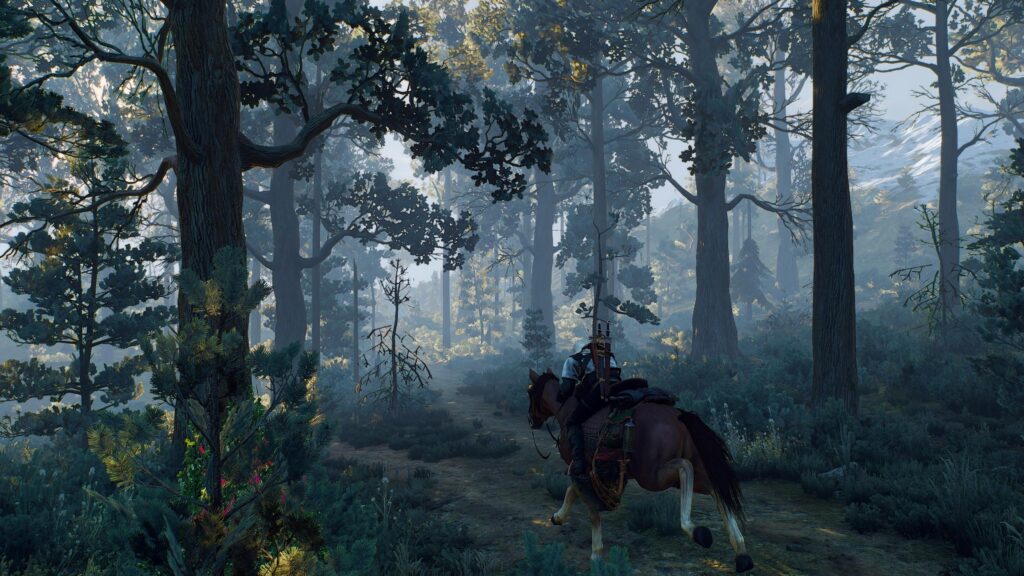 Geralt of Rivia Riding Roach Through Misty Forest The Witcher 3 4K Desktop Wallpaper