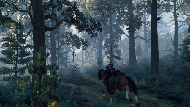 Geralt of Rivia Riding Roach Through Misty Forest The Witcher 3 4K Desktop Wallpaper