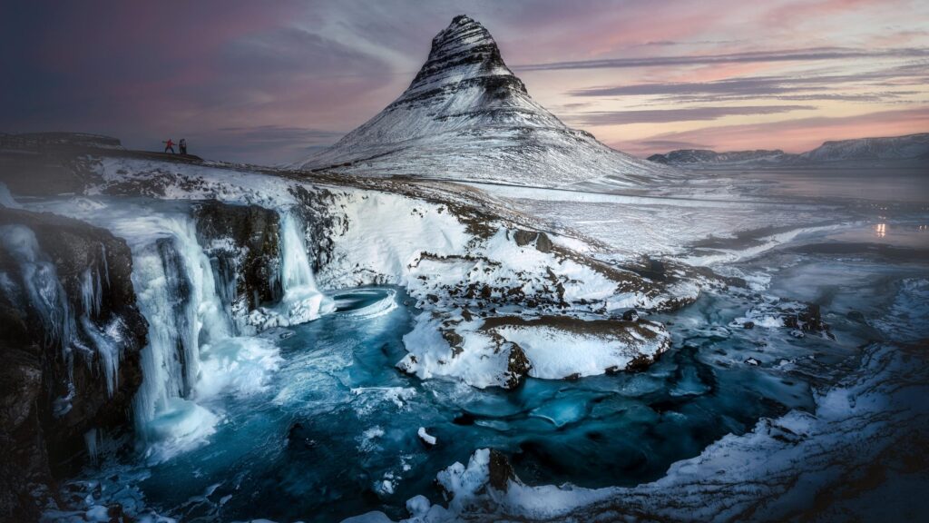Kirkjufell Mountain and Frozen Waterfall Winter Landscape 4K Wallpaper