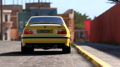 Stunning Yellow BMW M3 E36 Coupe Rear View on Mexican Street Desktop Wallpaper