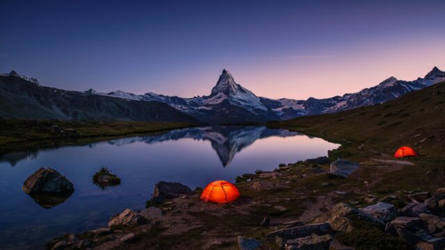 Stunning Matterhorn Mountain Reflection with Camping Tents at Twilight Desktop Wallpaper