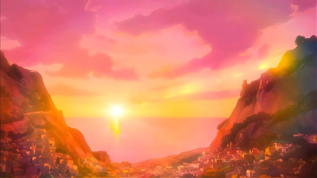 Stunning Anime Style Sunset Mountain Village 4K Desktop Wallpaper