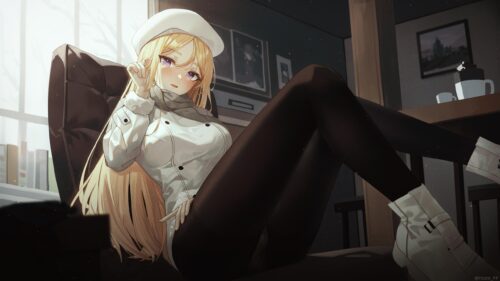 Beautiful Blonde Anime Girl in Winter Fashion Desktop Wallpaper