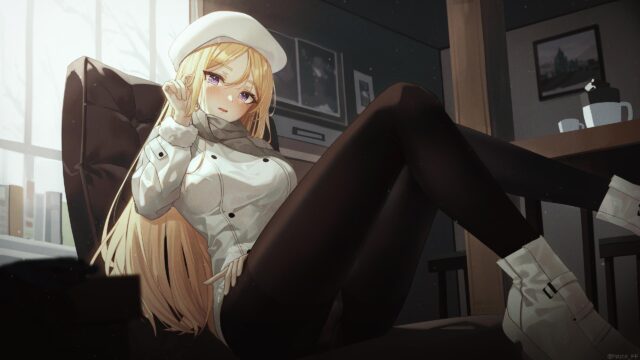 Beautiful Blonde Anime Girl in Winter Fashion Desktop Wallpaper