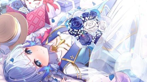 Anime Girl Holding Blue Rose Bouquet Floral Aesthetic 4K Desktop Wallpaper