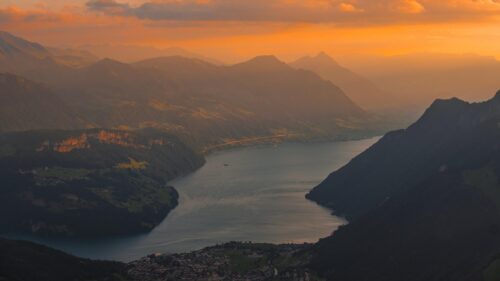 Stunning Swiss Alps Lake at Sunset Desktop Wallpaper