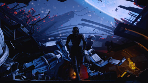 Commander Shepard Walking Through Citadel Ruins Mass Effect 4K Wallpaper