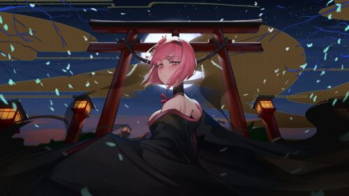 Anime Girl in Traditional Black Kimono at Night Torii Gate 4K Desktop Wallpaper