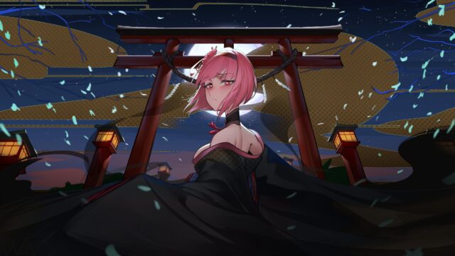 Anime Girl in Traditional Black Kimono at Night Torii Gate 4K Desktop Wallpaper