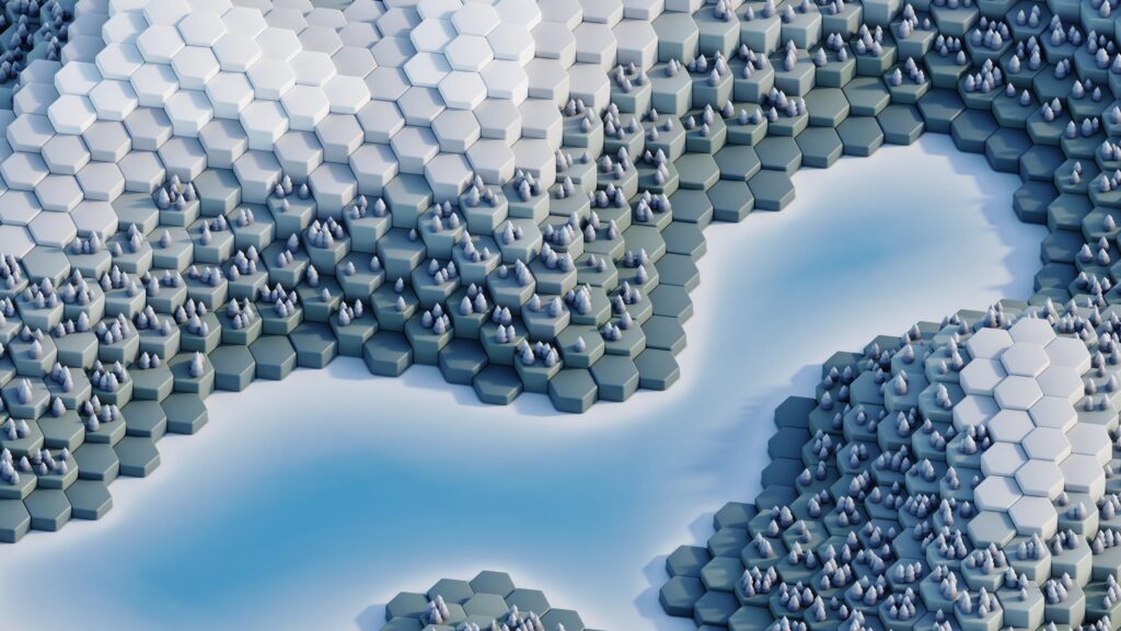Minimalist Isometric Hexagonal Winter Landscape 4K Desktop Wallpaper