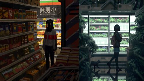 Anime Girl in Cyberpunk Convenience Store Split Screen 4K Wallpaper