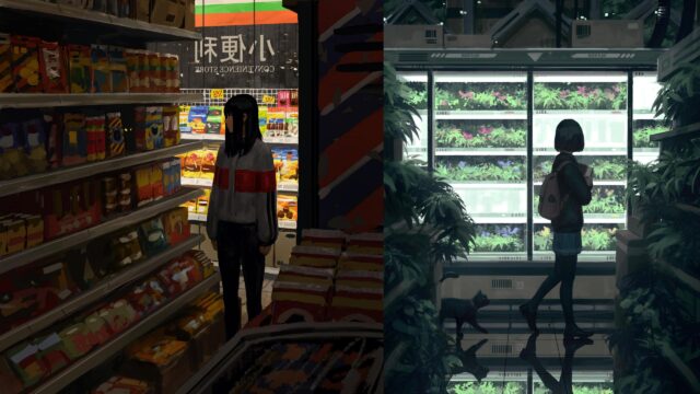 Anime Girl in Cyberpunk Convenience Store Split Screen 4K Wallpaper