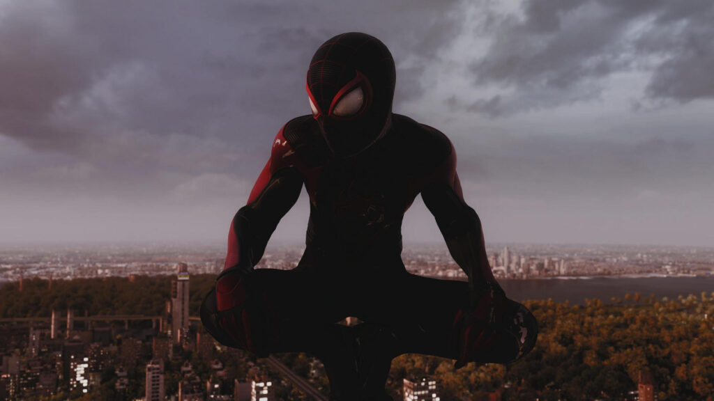 Miles Morales Spider-Man Crouching Over NYC Skyline Desktop Wallpaper