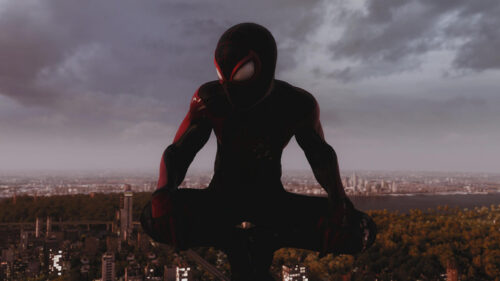 Miles Morales Spider-Man Crouching Over NYC Skyline Desktop Wallpaper