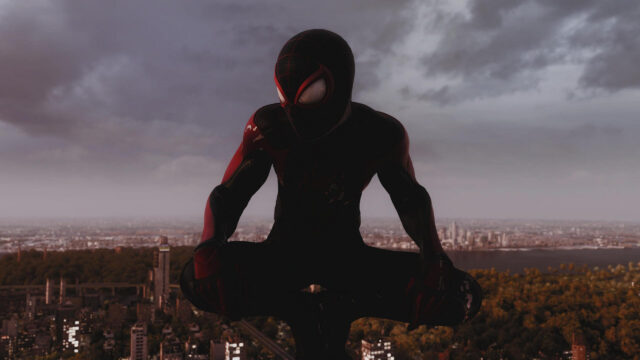 Miles Morales Spider-Man Crouching Over NYC Skyline Desktop Wallpaper
