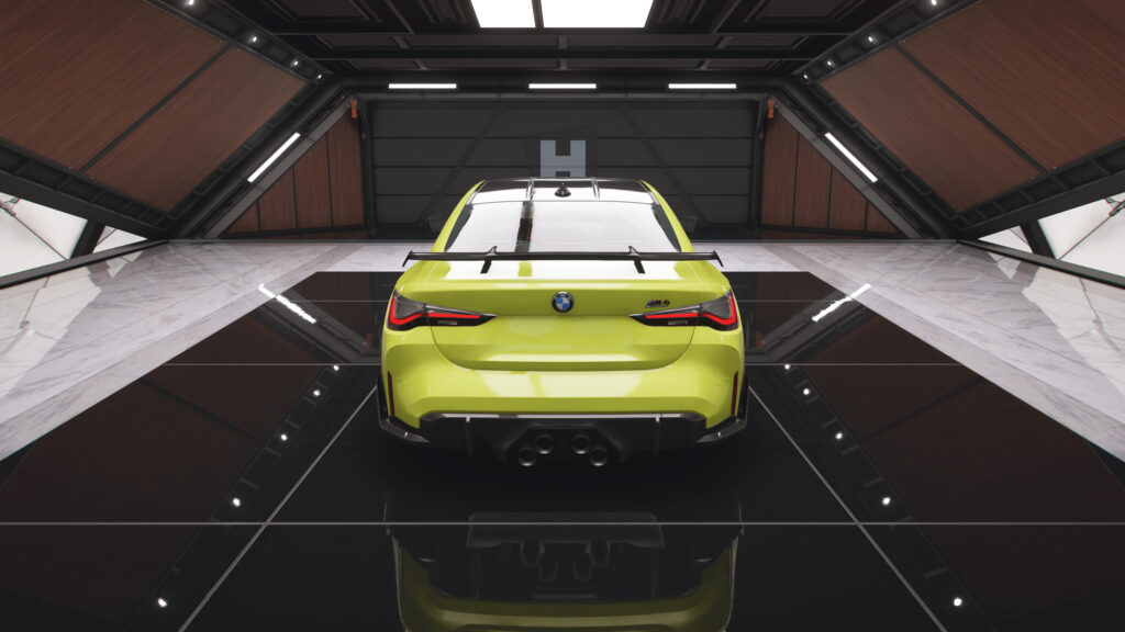 Lime Green BMW M4 Competition Rear View in Modern Studio Desktop Wallpaper