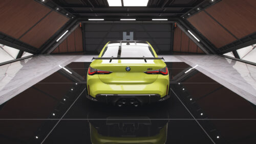 Lime Green BMW M4 Competition Rear View in Modern Studio Desktop Wallpaper